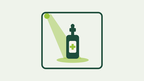 Flat vector scene: a forest-green pharmacy dropper bottle with a lime plus-sign label, caught in a lime spotlight beam inside